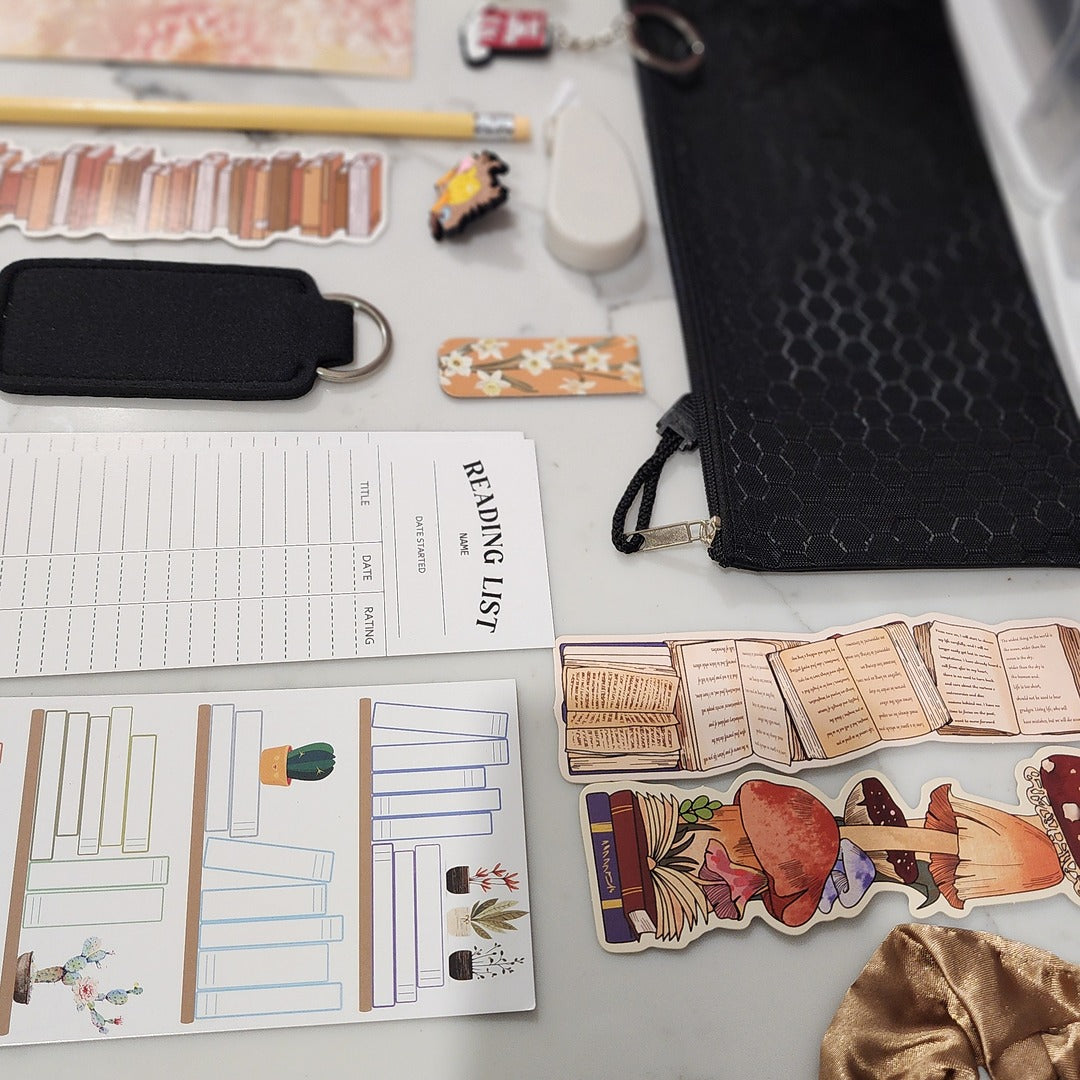 Brown Bookish Bundle stationery gift with notebook, pens and stickers