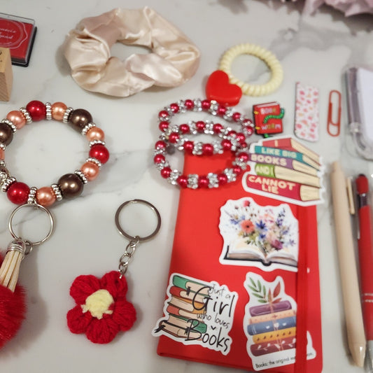 Red Bookish Bundle stationery gift with notebook, pens and stickers
