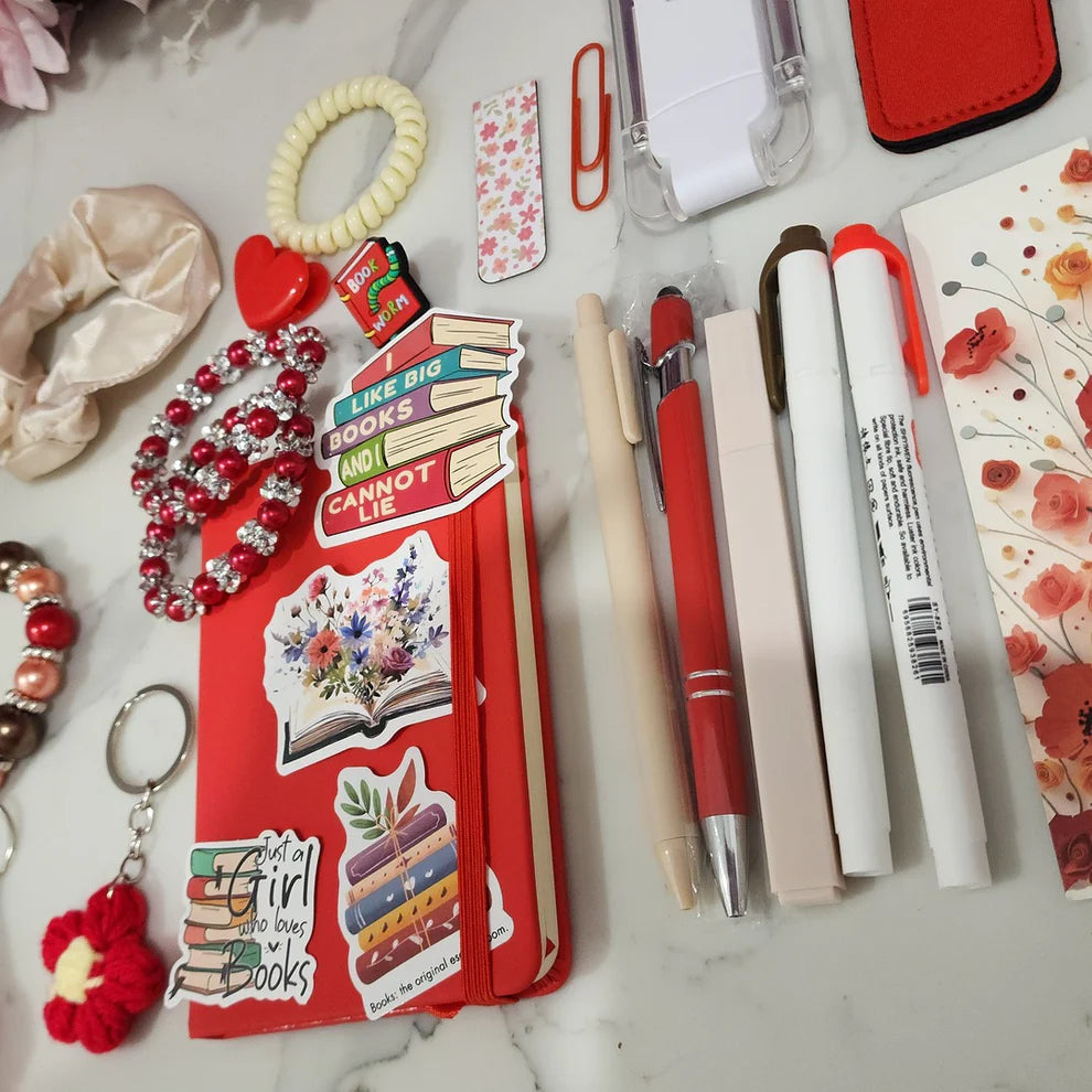 Red Bookish Bundle stationery gift with notebook, pens and stickers