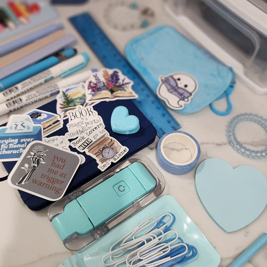 Blue Bookish Bundle stationery gift with notebook, pens and stickers