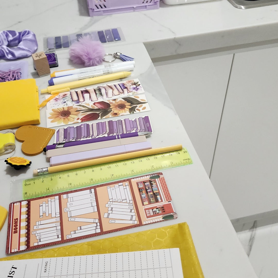 Purple + Yellow Bookish Bundle stationery gift with notebook, pens and stickers