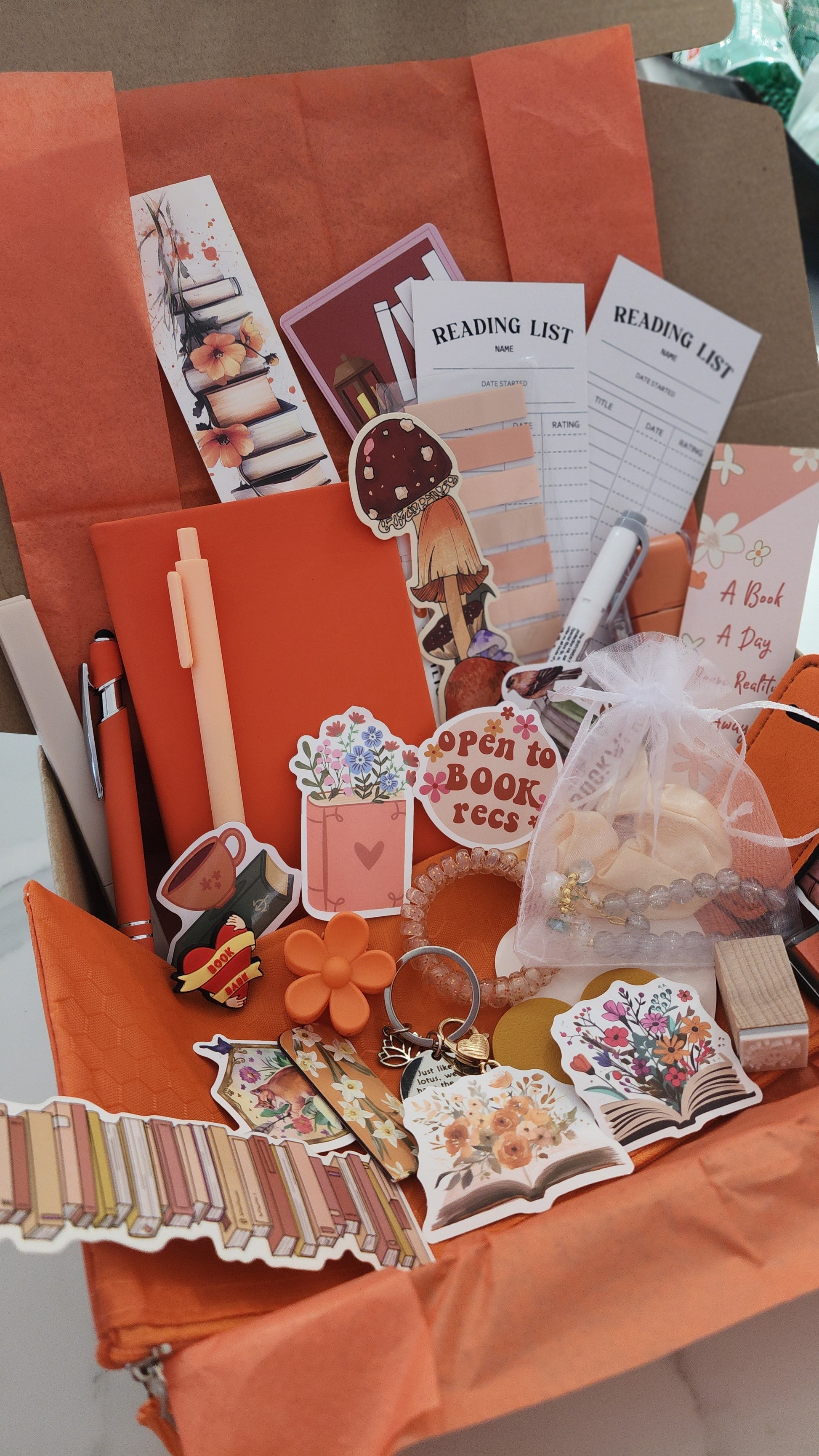 Orange Bookish Bundle stationery gift with notebook, pens and stickers