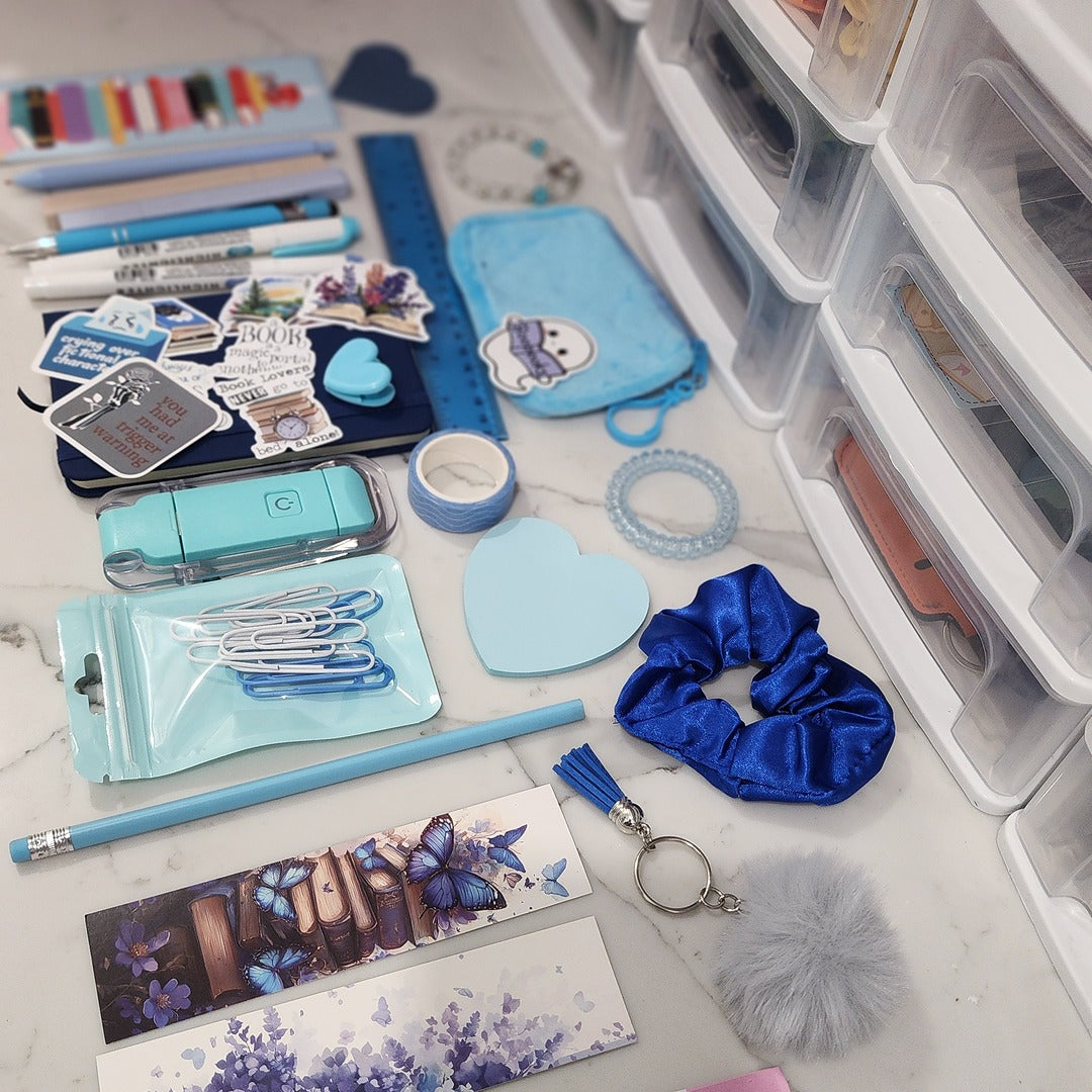 Blue Bookish Bundle stationery gift with notebook, pens and stickers