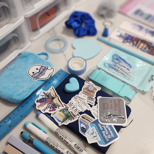 Blue Bookish Bundle stationery gift with notebook, pens and stickers