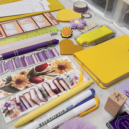 Purple + Yellow Bookish Bundle stationery gift with notebook, pens and stickers