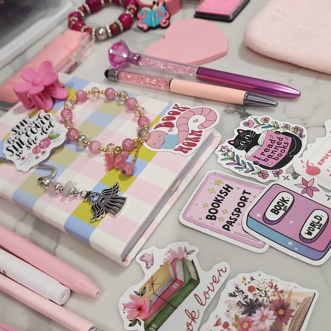 Pink Bookish Bundle stationery gift with notebook, pens and stickers