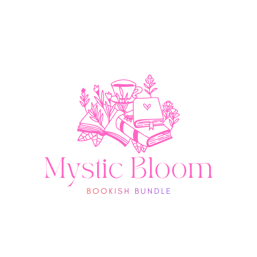 Logo for 'Mystic Bloom Bookish Bundle' with books and flowers on a white background